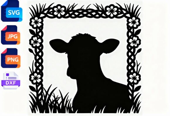 Cow Silhouette Floral Frame SVG Cut File