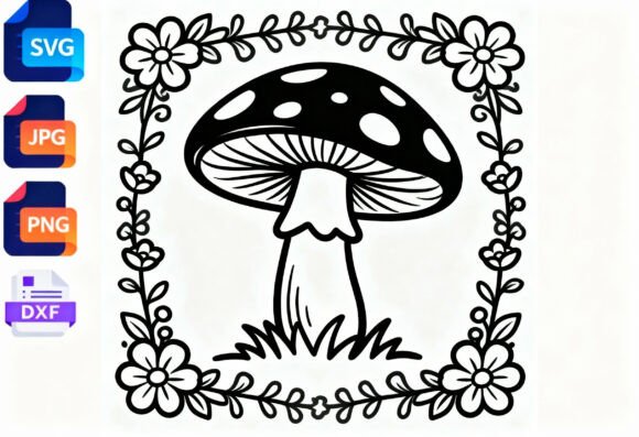 Cute Mushroom Floral Frame SVG Cut File