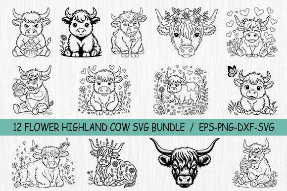 Highland Cow Svg Bundle, Floral Cow Svg