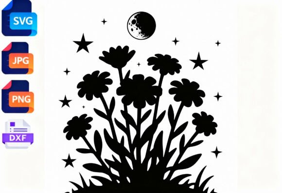 Moon Flower Stars SVG Floral Silhouette