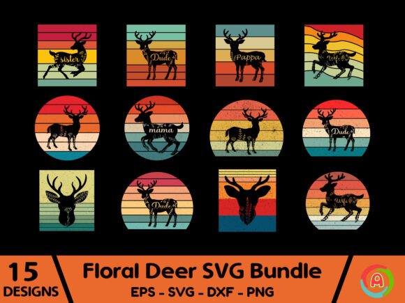 Vintage Retro Floral Deer SVG Bundle